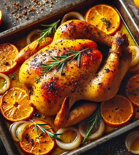 DALL·E 2025-02-18 10.50.27 - An oven-baked orange chicken presented in a baking dish. The whole chicken is golden brown, well-roasted, garnished with slices of orange and fresh he